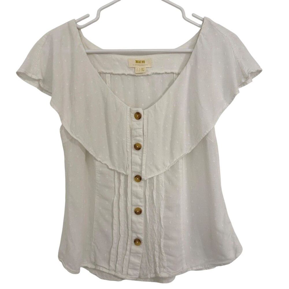 Anthropologie Maeve Size 2 -XS- Eloise Swiss Dot Blouse Button Front White - Picture 2 of 7